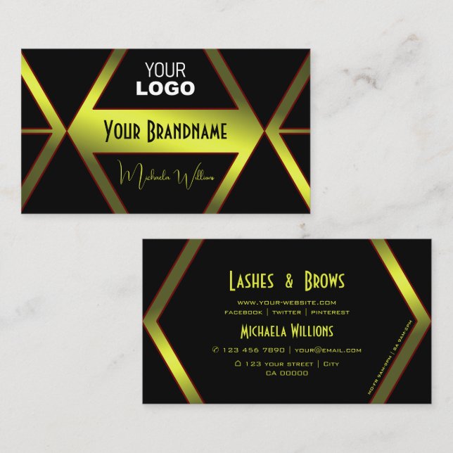 Flashy Black Geometric Yellow Shimmer with Logo Business Card (Front/Back)