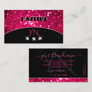 Flashy Black Girly Pink Sparkling Glitter Monogram Business Card