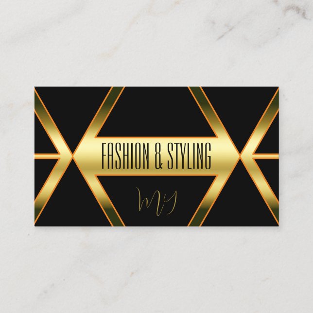 Flashy Black Shimmery Golden with Monogram Stylish Business Card (Front)