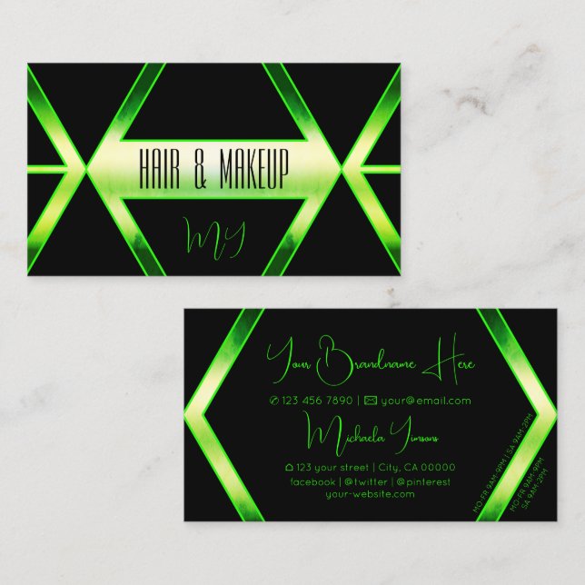 Flashy Black Shimmery Green with Monogram Stylish Business Card (Front/Back)
