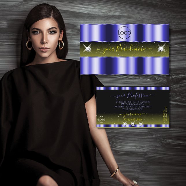 Flashy Blue Yellow Black Sparkle Jewels with Logo Business Card (Creator Uploaded)