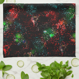 Flashy colour patches under dark and mosaic traces tea towel
