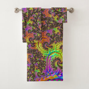 Flashy Colourful Spiral Abstract Digital Fractal Bath Towel Set