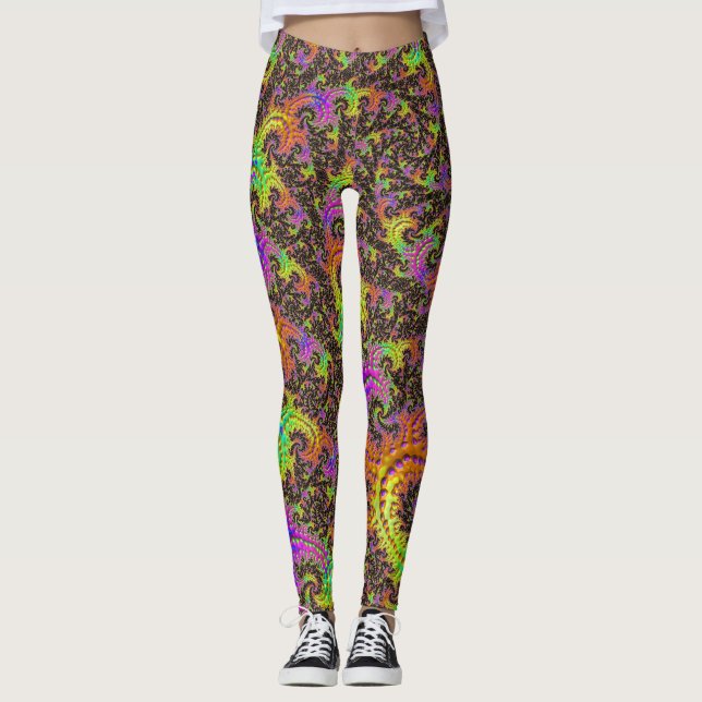 Flashy Colourful Spiral Abstract Digital Fractal Leggings (Front)
