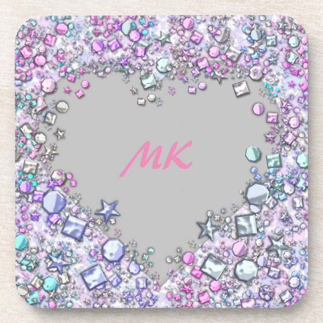 Flashy & Girly Sequin Glitter Heart Monogrammed Coaster (Front)