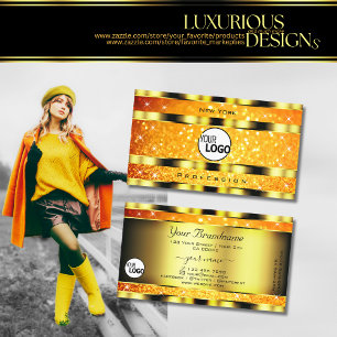 Flashy Gold Orange Gradient Glitter Stars add Logo Business Card