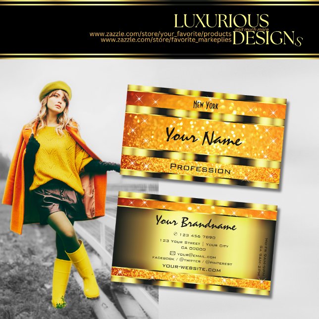 Flashy Gold Orange Gradient Glitter Stars Striking Business Card (Creator Uploaded)