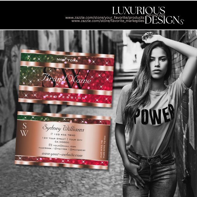 Flashy Green Pink Glitter Stars Monogram Rose Gold Business Card (Creator Uploaded)