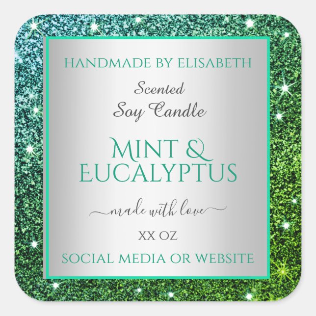 Flashy Green Teal Glitter Product Packaging Labels (Front)