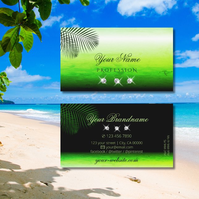 Flashy Green Watercolors Palm Leaves and Diamonds Business Card (Creator Uploaded)