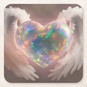 *~* Flashy Opal Heart Angel Wings AP78 Square Paper Coaster