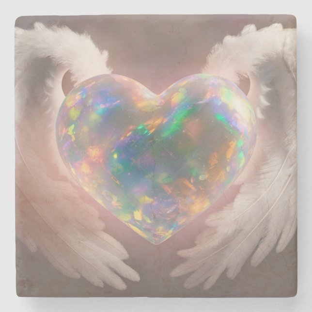 *~* Flashy Opal Heart Angel Wings AP78  Stone Coaster (Front)