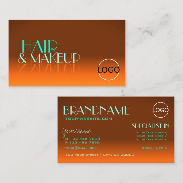 Flashy Orange and Teal Chic Mirror Font with Logo Business Card (Front/Back)