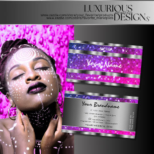 Flashy Pink Purple Glitter Stars Decorative Silver Business Card