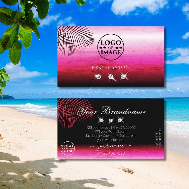 Flashy Pink Watercolors Palm Leaves Diamonds Logo Business Card (Creator Uploaded)