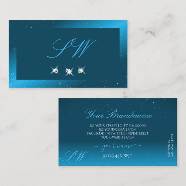Flashy Shimmery Teal Sparkling Diamonds Monogram Business Card (Front/Back)