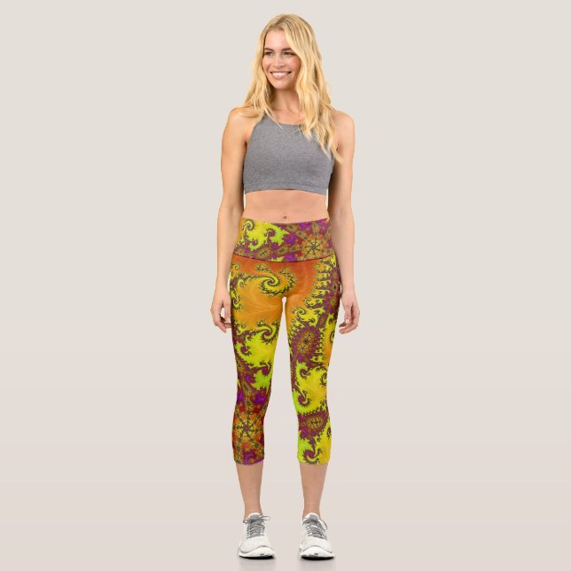 Flashy Vibrant Spiral Fractal Funky Abstract Art Capri Leggings (Front)