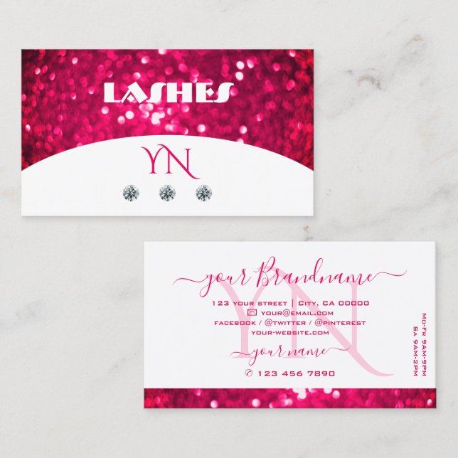 Flashy White Girly Pink Sparkling Glitter Monogram Business Card (Front/Back)