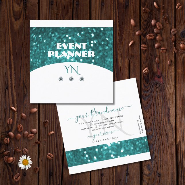 Flashy White Teal Sparkling Glitter with Monogram Square Business Card (Creator Uploaded)