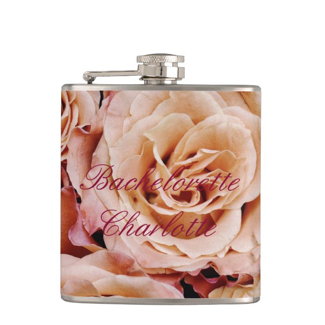 Flask Bachelorette Gift Wedding Pink Rose Roses (Front)