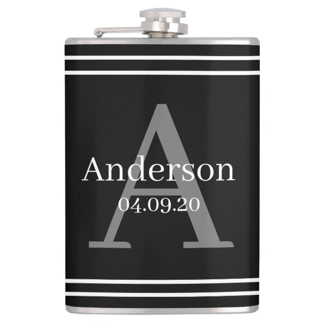 Flask - Personalized Black Surname Initial Date (Front)