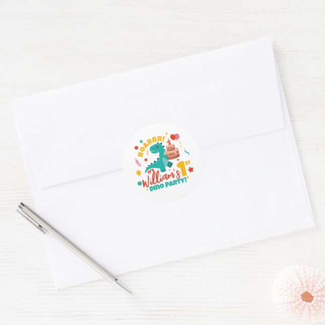Flat 1st Birthday Dino Party Colourful Classic Round Sticker (Envelope)