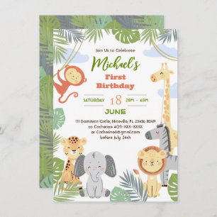 Flat 1st birthday invitation with of cute animals.