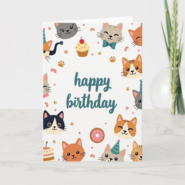 Flat Art Cat Birthday Card (Front)