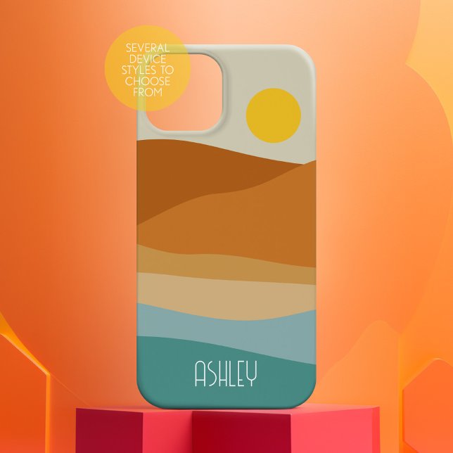 Flat Boho Abstract Landscape Sunset and Mountains Case-Mate iPhone Case (Personalized Phone Case with Custom Text)