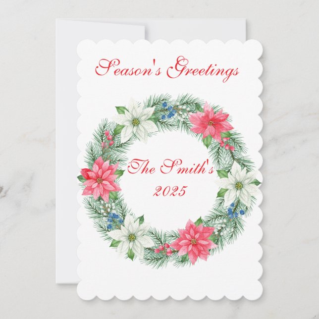 Flat Card-Luxury Scalloped Poinsettia Christmas Ca Holiday Card (Front)