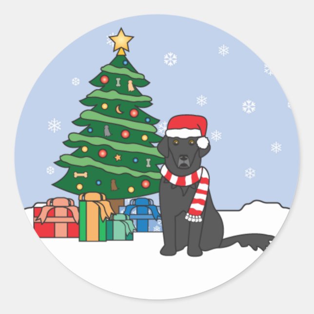 Flat-Coated Retriever and Christmas Tree Classic Round Sticker (Front)
