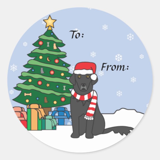 Flat-Coated Retriever and Christmas Tree Classic Round Sticker (Front)