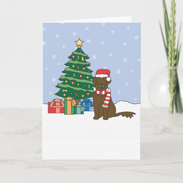 Flat-Coated Retriever and Christmas Tree Holiday Card (Front)