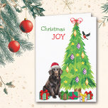 Flat Coated Retriever Dog, Bird and Christmas Tree Holiday Card<br><div class="desc">On the front of this Christmas card, a beautiful Flat Coated Retriever dog wears a red and white Santa Claus hat while he sits beside a Holiday tree. Brightly wrapped gift packages are scattered about, and a bullfinch is landing on the Christmas tree. The red and green text says "Christmas...</div>