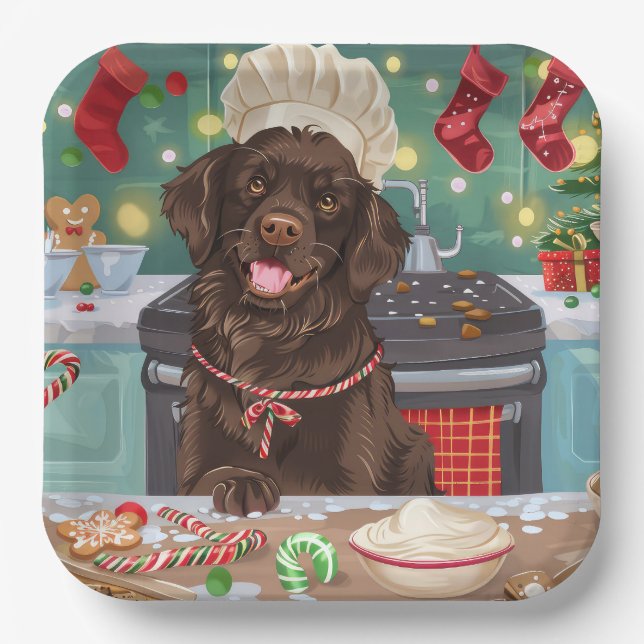 Flat-Coated Retriever Holiday Baking: Christmas Paper Plate (Front)