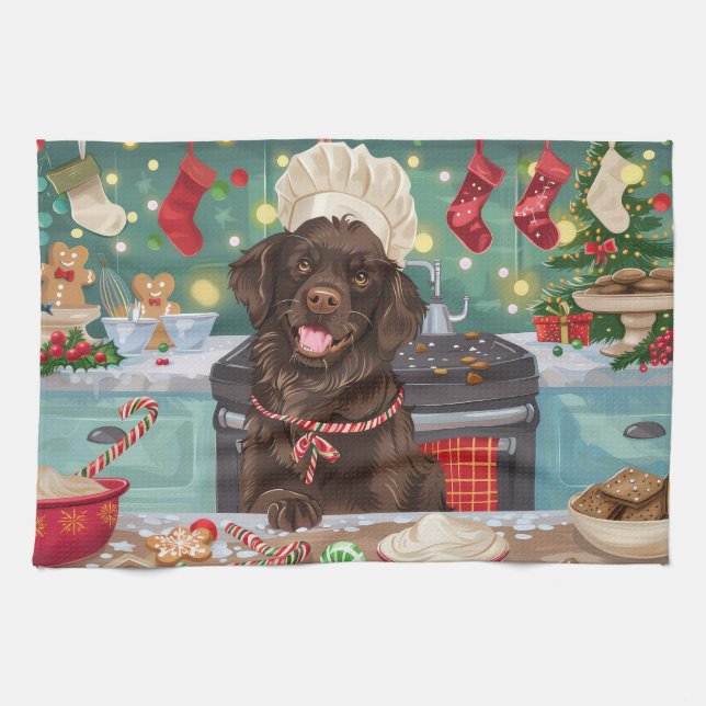 Flat-Coated Retriever Holiday Baking: Christmas Tea Towel (Horizontal)
