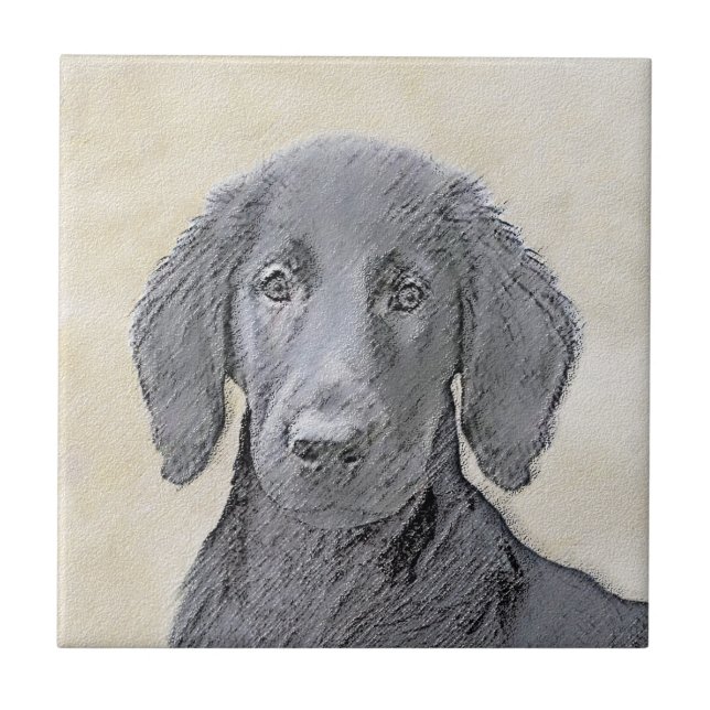 Flat-Coated Retriever Painting - Original Dog Art Ceramic Tile (Front)
