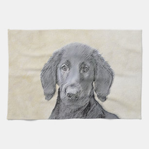 Flat-Coated Retriever Painting - Original Dog Art Tea Towel