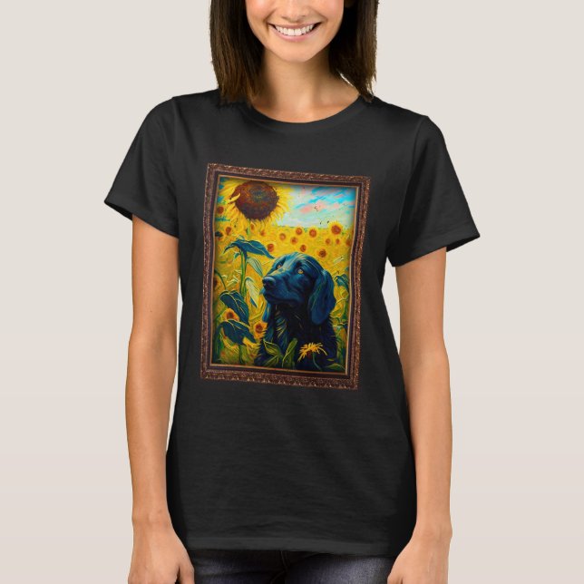 Flat Coated Retriever Painting Sunflower Flower Mo T-Shirt (Front)