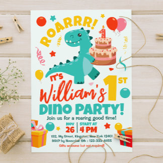 Flat Dinosaurs 1st Birthday Colourful Invitation