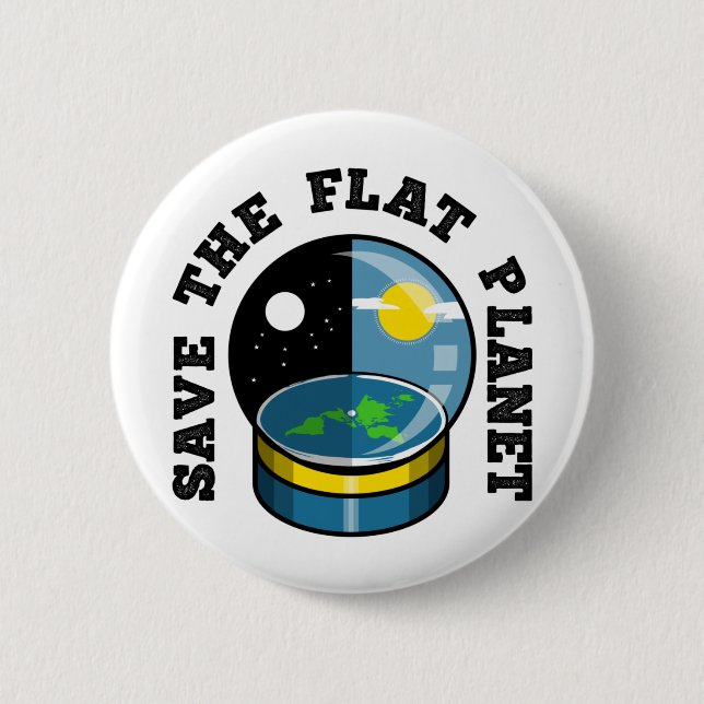 Flat earth in snow globe 6 cm round badge (Front)