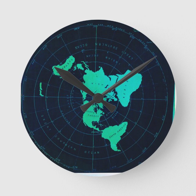 Flat Earth Map (Azimuthal equidistant projection) Round Clock (Front)