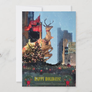 Flat Handsome Reindeer looking over NYC in snow. Holiday Card