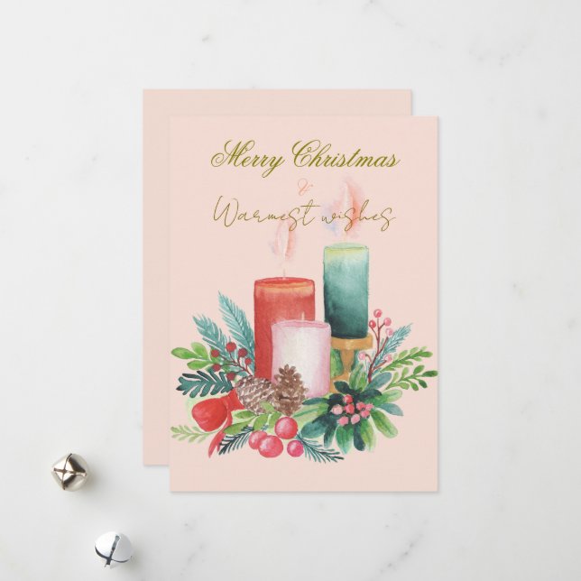 Flat Holiday Card - Watercolour Christmas candles (Front/Back In Situ)