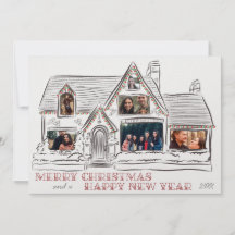 Flat Holiday Christmas House Family Card