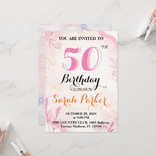 Flat Invitation, 50th Birthday  Invitation (Front/Back In Situ)