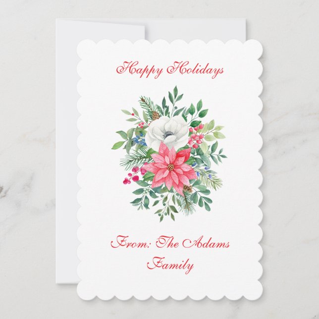 Flat Luxury Scalloped Floral Xmas Personalisation Holiday Card (Front)