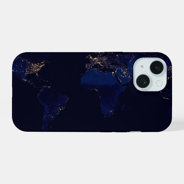 Flat Map Of Earth Showing City Lights Of World iPhone 15 Case (Back Horizontal)