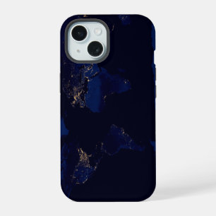 Flat Map Of Earth Showing City Lights Of World iPhone 15 Case