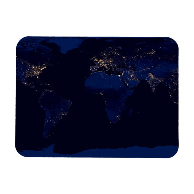Flat Map Of Earth Showing City Lights Of World Magnet (Horizontal)